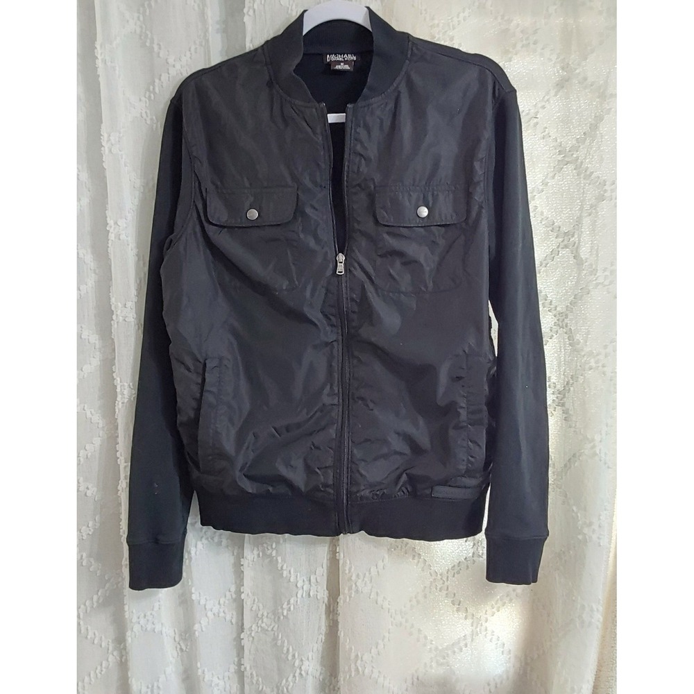 Michael Kors Womens Black Mixed Media Zip Front Bomber Jacket Size Medium